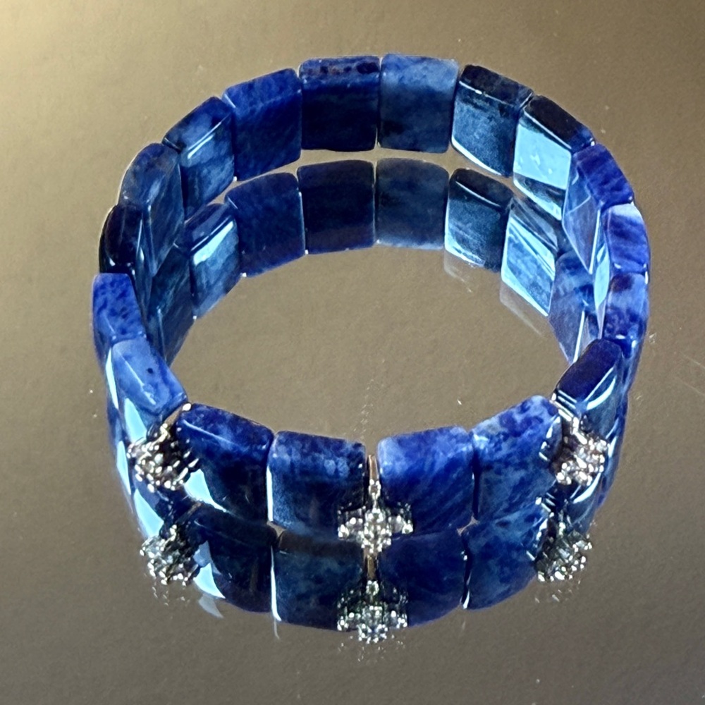 Deep Blue Sodalite Bracelet with Crystal Cross Charms Elegant Natural Stone - Picture 6 of 7